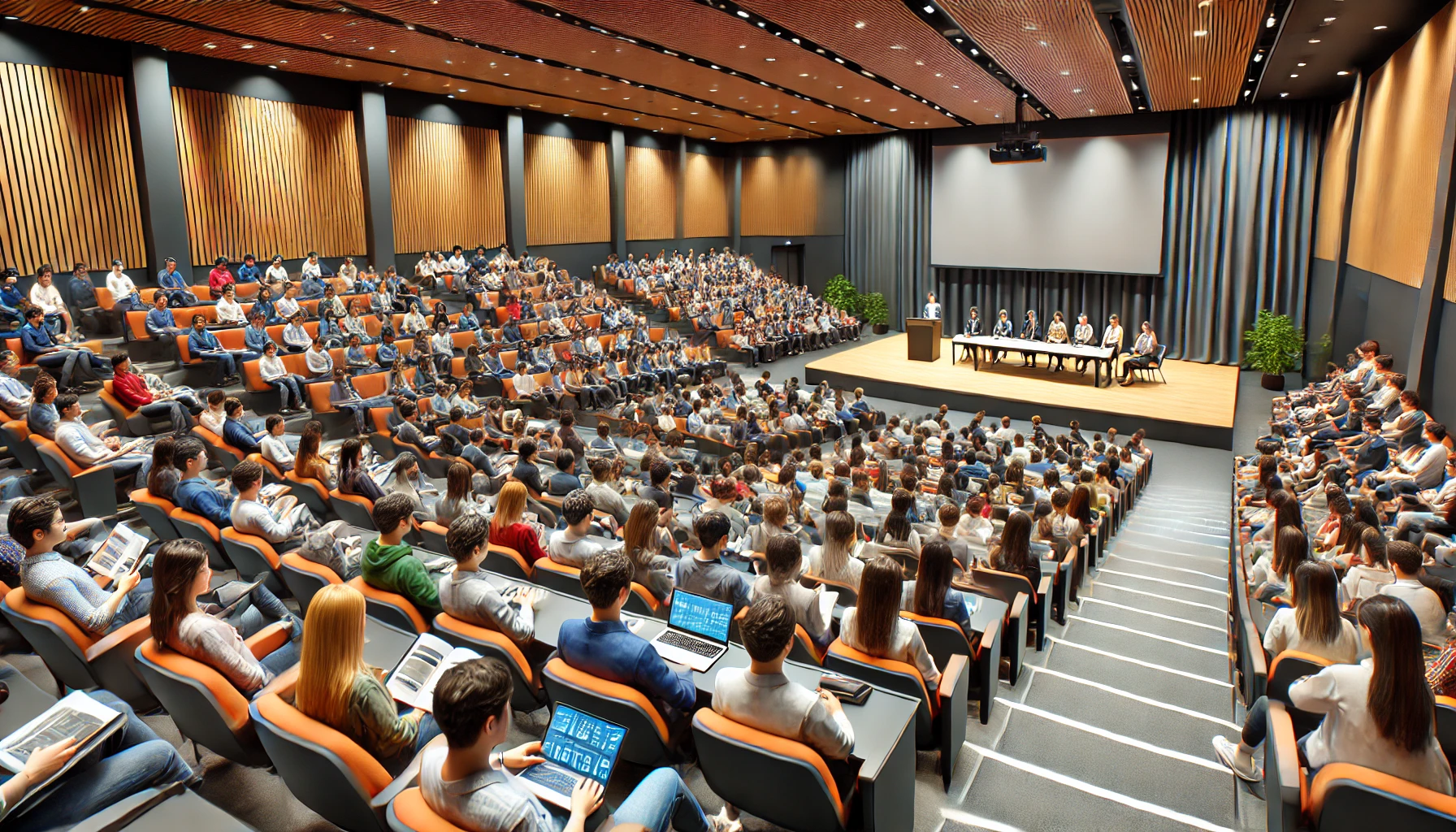 DALL·E 2025-01-03 18.55.56 - A realistic depiction of an auditorium full of students, seated and attentively listening or engaging in a lecture or presentation. The auditorium fea